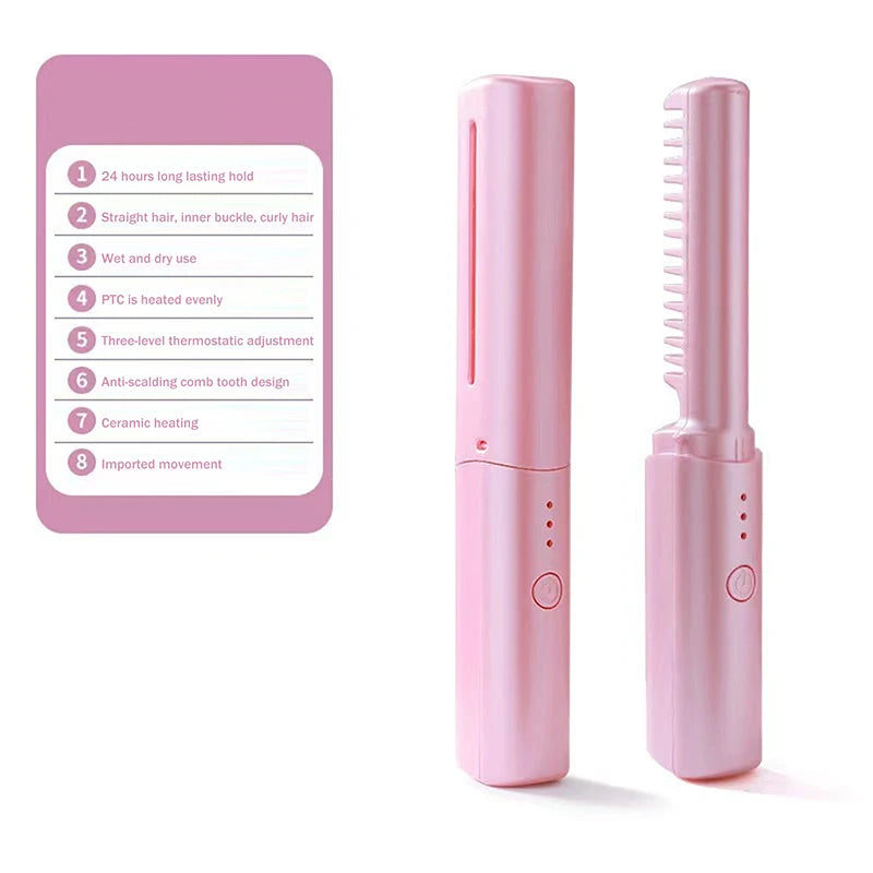 Straight Hair Comb Electric Hot Comb 2 in 1 Upgrade Version Wireless Hair Straightener and Curler USB Charging