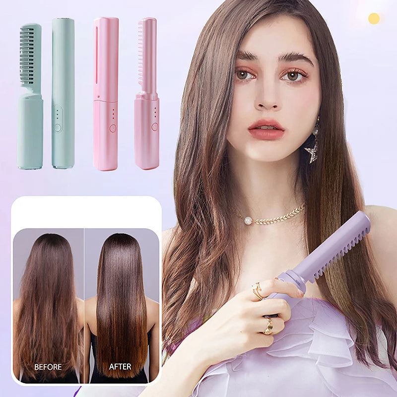 Straight Hair Comb Electric Hot Comb 2 in 1 Upgrade Version Wireless Hair Straightener and Curler USB Charging